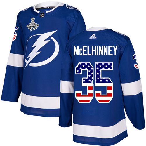 Adidas Tampa Bay Lightning Men #35 Curtis McElhinney Blue Home Authentic USA Flag 2020 Stanley Cup Champions Stitched NHL Jersey